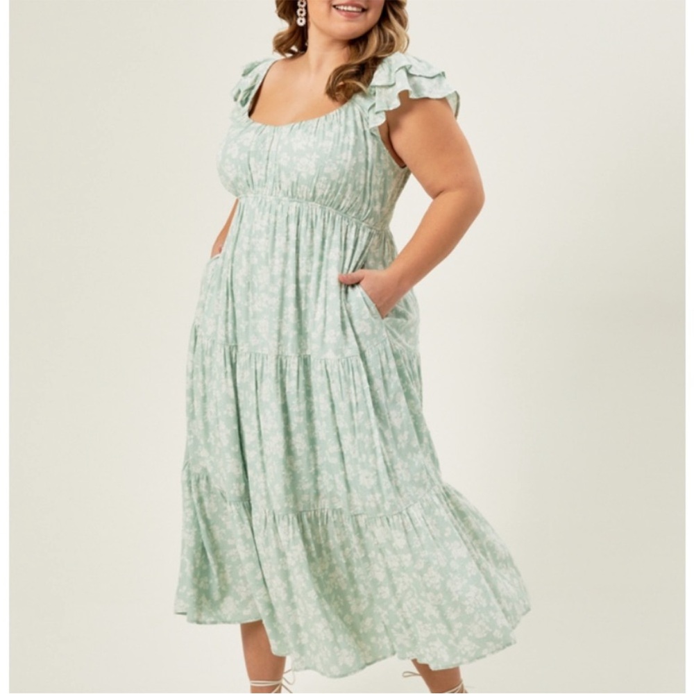 ARULA Green Midi Sundress with Ruffled Flutter Sleeves and Square Neck